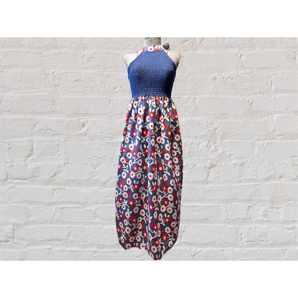 Vintage 1960s maxi summer dress | halter tie neck | shirred bodice